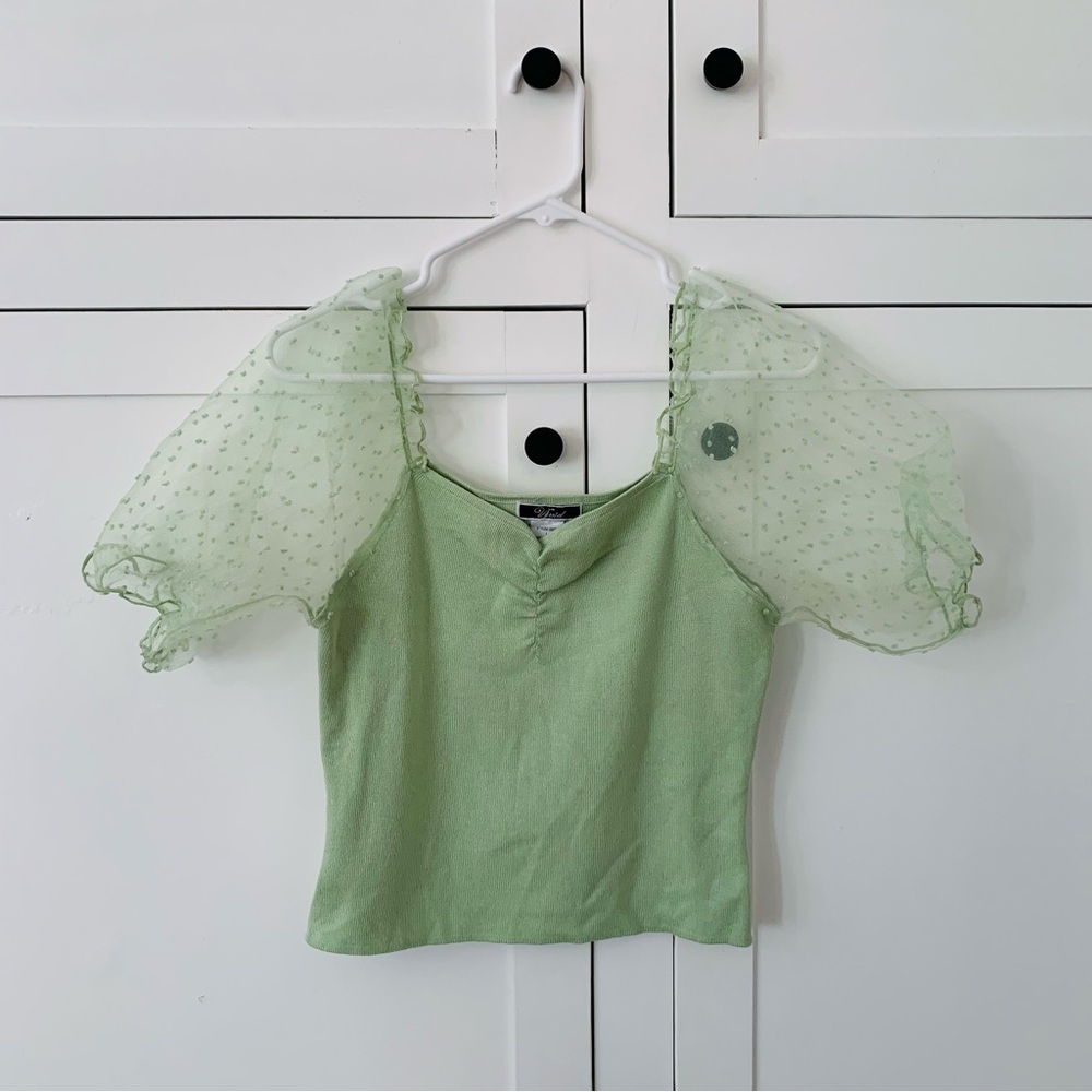 Vivid Green Sheer Puff Sleeve Crop Top Size Large